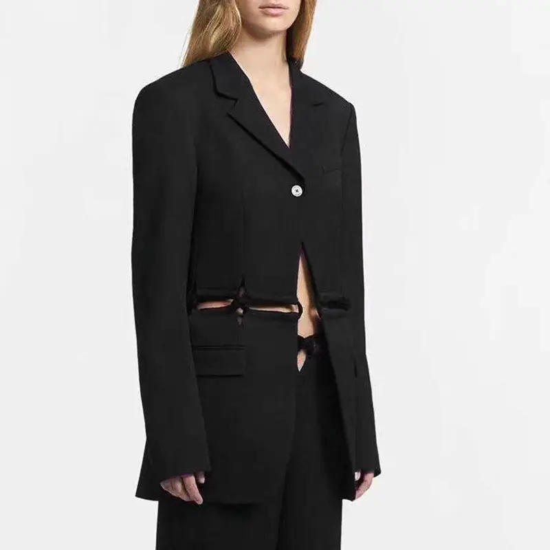 Woven Stitching Statement One-button Cropped Blazer Pants