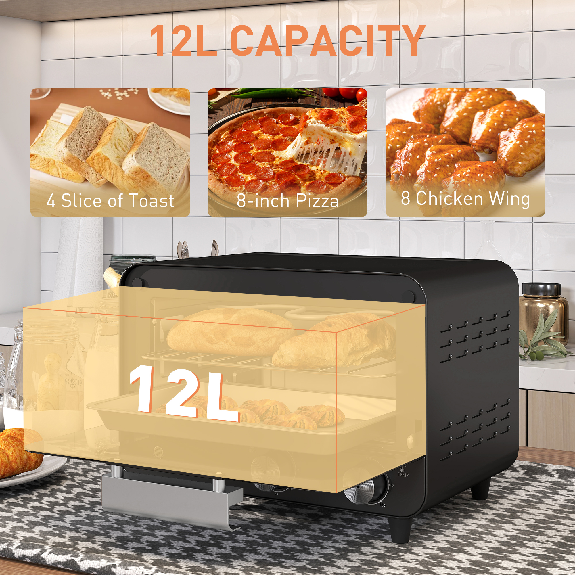 Small Toaster Oven, 12L Mini Countertop With Glass Door, Adjustable Temperature — image 10