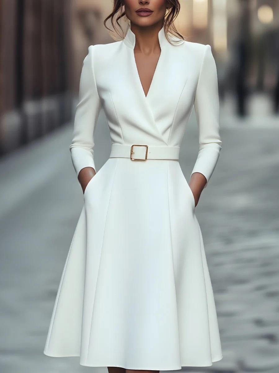 Solid Color Waist V-Neck Long Sleeve Swing Dress, Women's Autumn Winter Dress