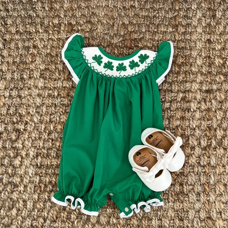 Baby Short Sleeve Romper With Clover Embroidery, Ruffle Trim Playsuit For Summer Vacation
