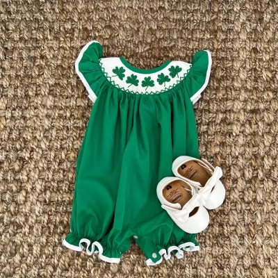 Baby Short Sleeve Romper With Clover Embroidery, Ruffle Trim Playsuit For Summer Vacation