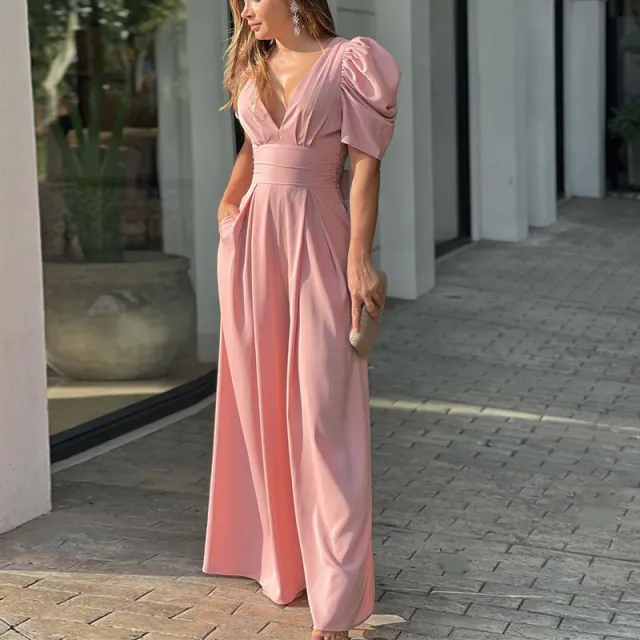 V neck Open back Slim fit Lace up Jumpsuit Pink - Shop at LoveMi