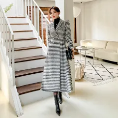 Women's Suit Collar Double-breasted Waist Slim-fit Houndstooth Woolen Coat - View 1