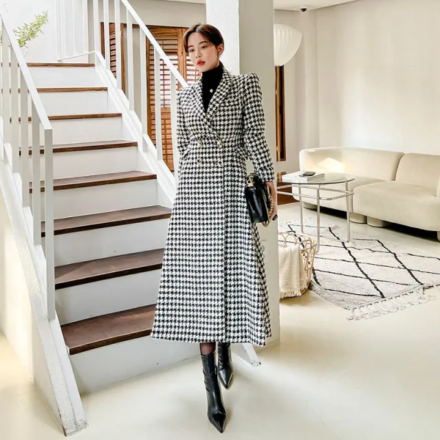 Women's Suit Collar Double breasted Waist Slim fit Houndstooth Woolen Coat - Shop at LoveMi