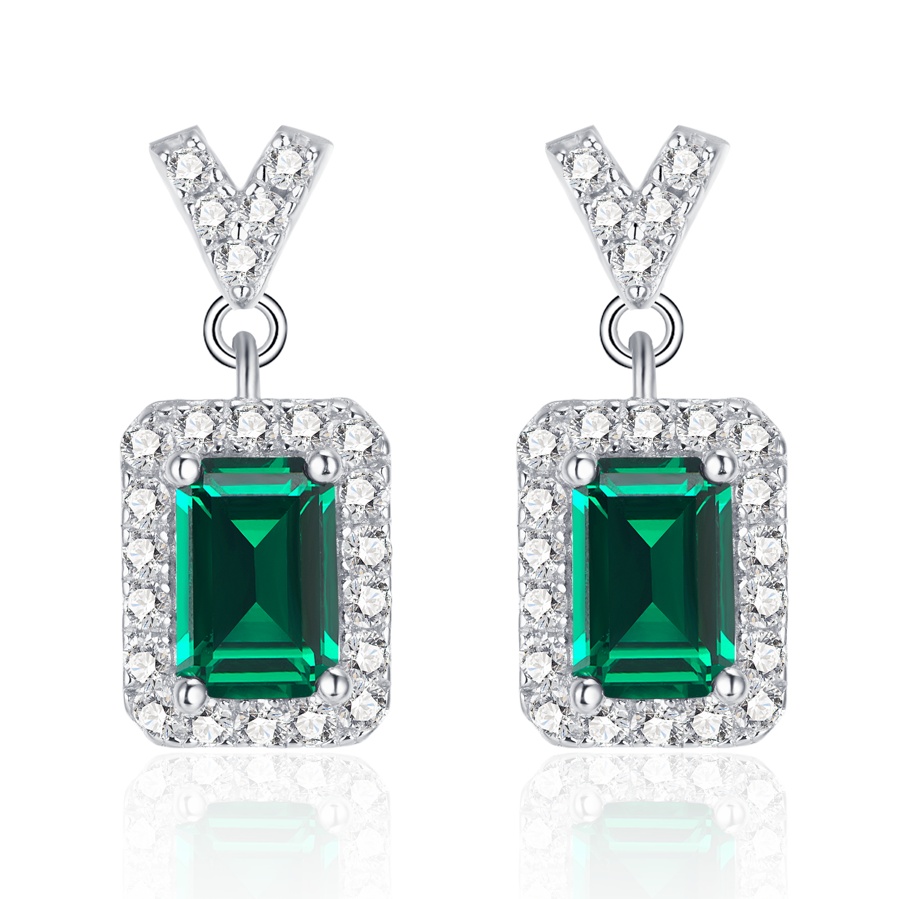 S925 Sterling Silver V-Shape Halo Drop Earrings, 6x4mm Lab-Grown Ruby & Emerald, Platinum Plated 2.6g, Women's Jewelry Gift Box