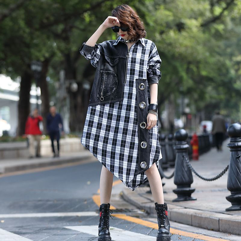 Title 5, Loose Casual Denim Paneled Contrast Plaid Midi ...