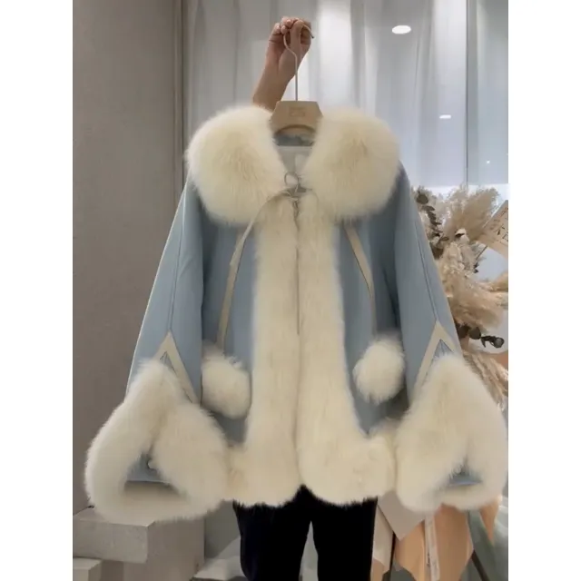 One Piece Patchwork Fur Coat For Women Sky Blue - Shop at LoveMi
