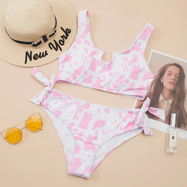 Split Cow Print Bow Bikini Swimsuit Women Pink - Shop at LoveMi