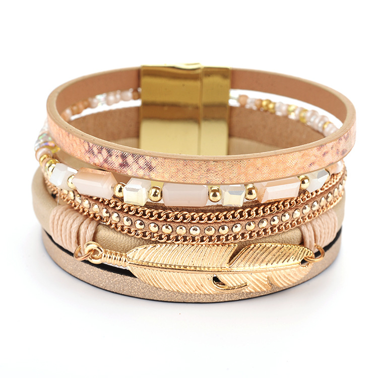 Boho Stack Bracelet with Golden Feather
