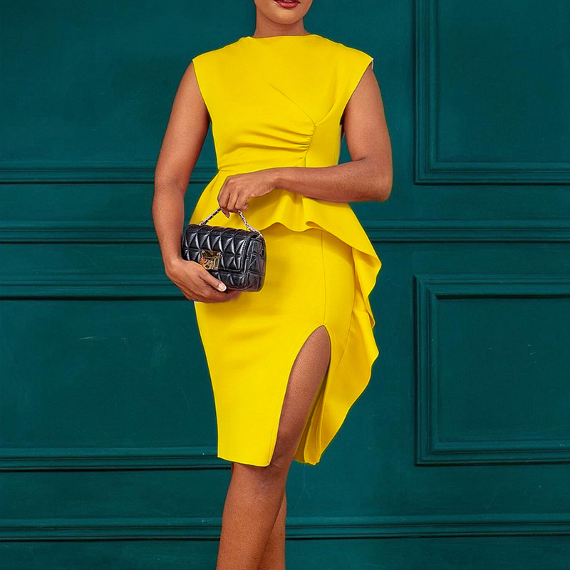 Women's Elegant Ruffle Sleeveless Bodycon Formal Party Cocktail Pencil Midi Dres - Picture 10 of 10
