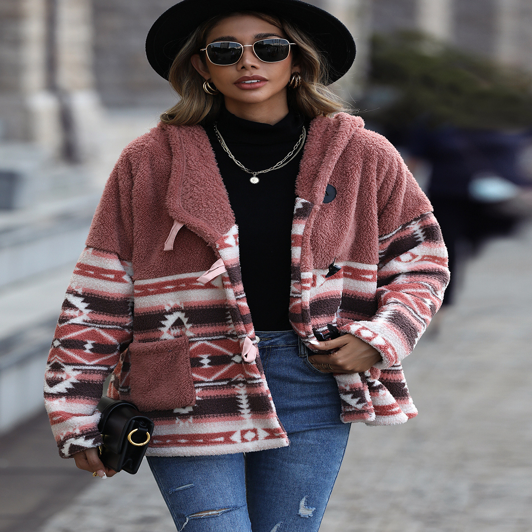 New Casual Women's Hooded Long sleeve Geometric Horn Button Jacket Coffee - Shop at LoveMi