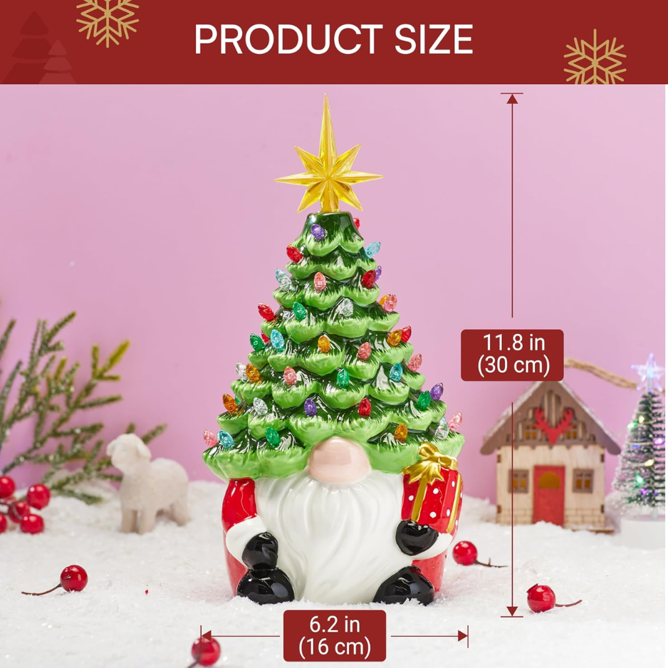 12 Gnome Ceramic Tree, Light Up Tabletop Xmas Decor With 60 LED Lights, Ceramic Tree With Christmas Themed Design, Xmas Holiday Indoor Office Table Fireplace Decoration 2