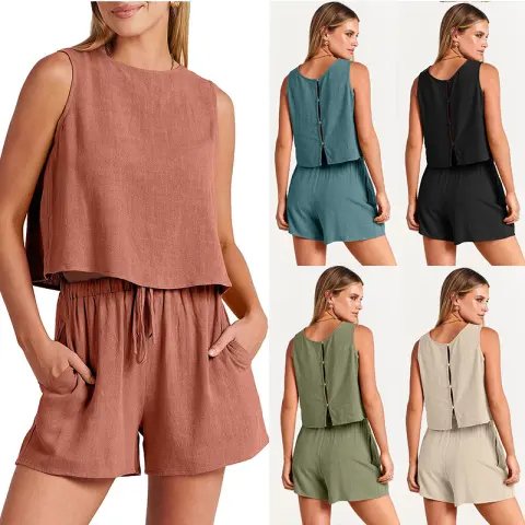 Women's Set Summer Sleeveless Tops and Drawstring Shorts Fashion