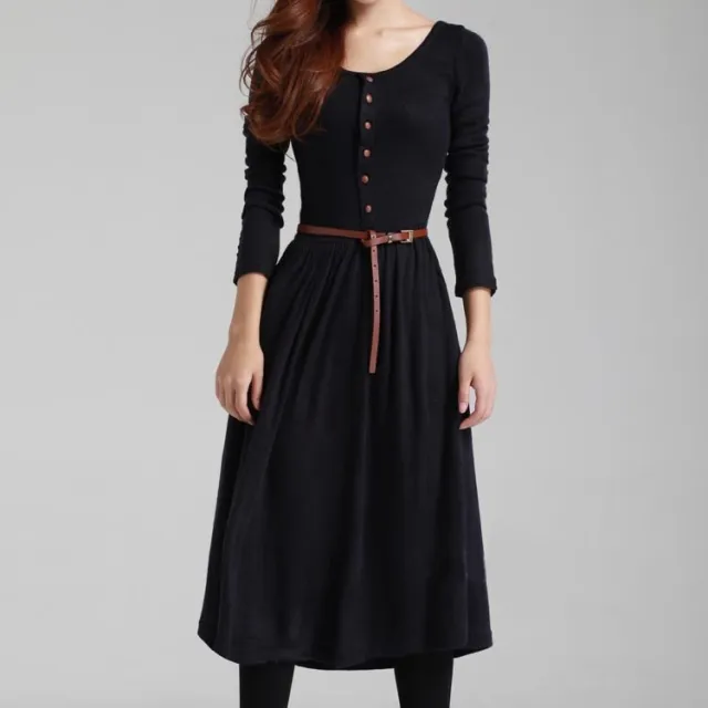 Long sleeve Button Retro Art Style Knitted Dress Black - Shop at LoveMi