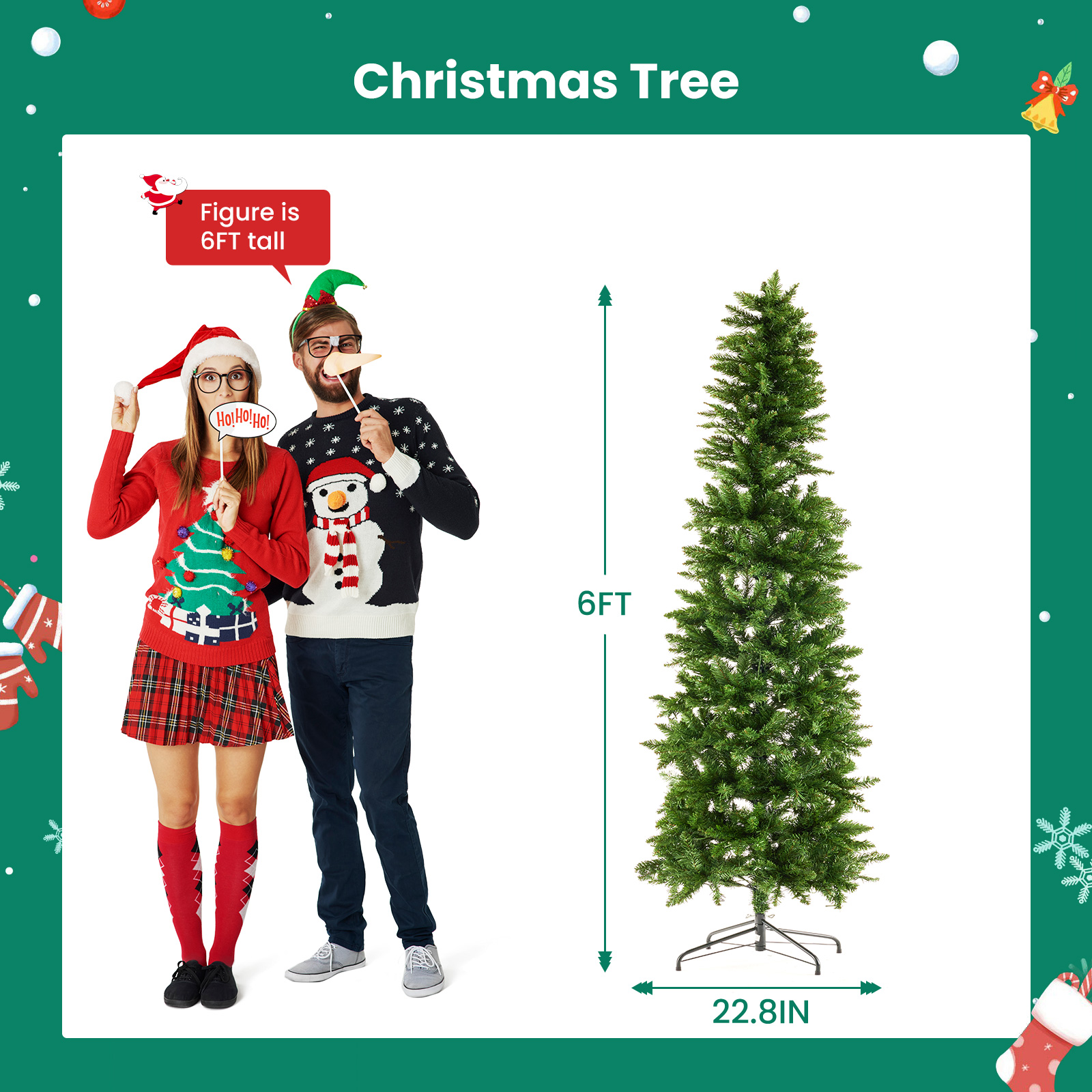 Pencil Christmas Tree, Prelighted Artificial Slim Christmas Trees With 250 Incandescent Lights, 571 Branch Tips & Foldable Base image 3