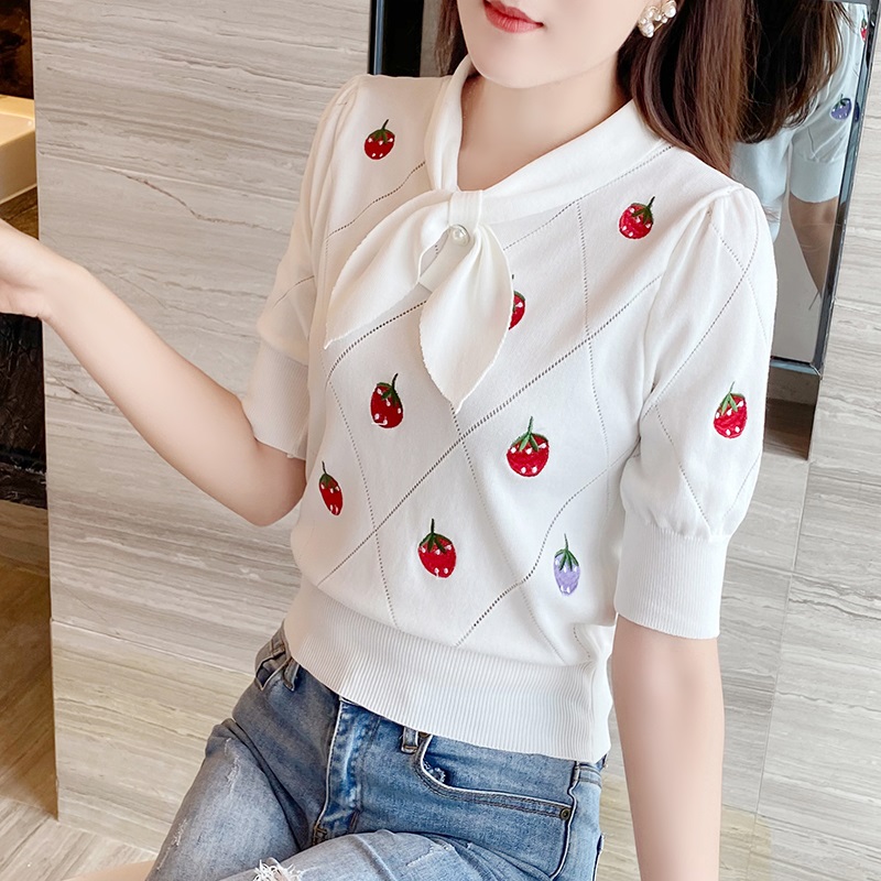 Women's Short-sleeved Blouse With Bow Tie