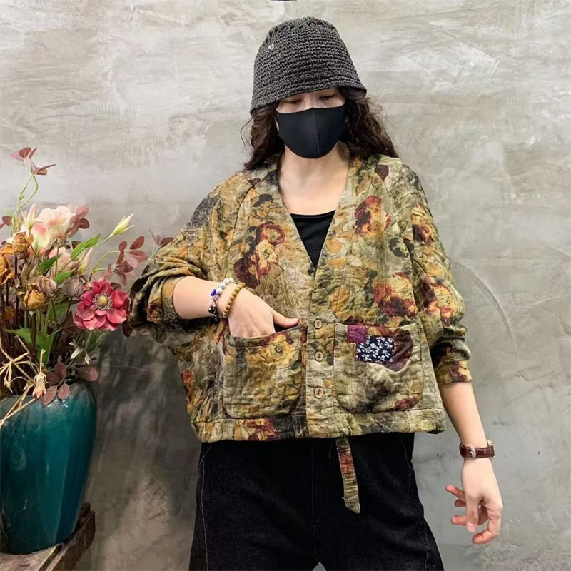 Women's Retro Print V-neck Long Sleeve