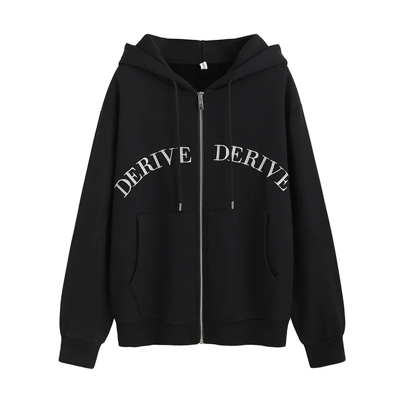 Women's Fashion Loose Cotton Korean Letter Embroidered Coat - Black