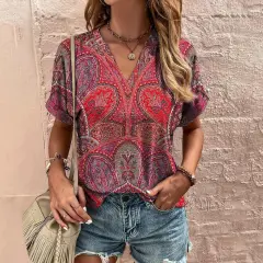 Printed T-shirt Ethnic V-neck Summer Short Sleeve - Style6 - View 1