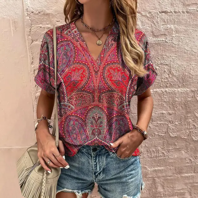 Printed T shirt Ethnic V neck Summer Short Sleeve Style6 - Shop at LoveMi