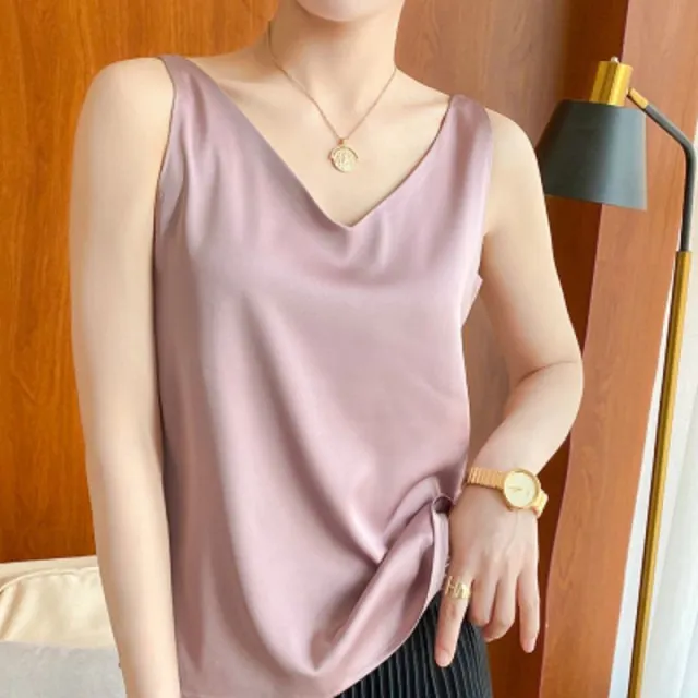 Sleeveless Silk Satin Ladies Camisole Bottoming Shirt Cinnamon Powder - Shop at LoveMi