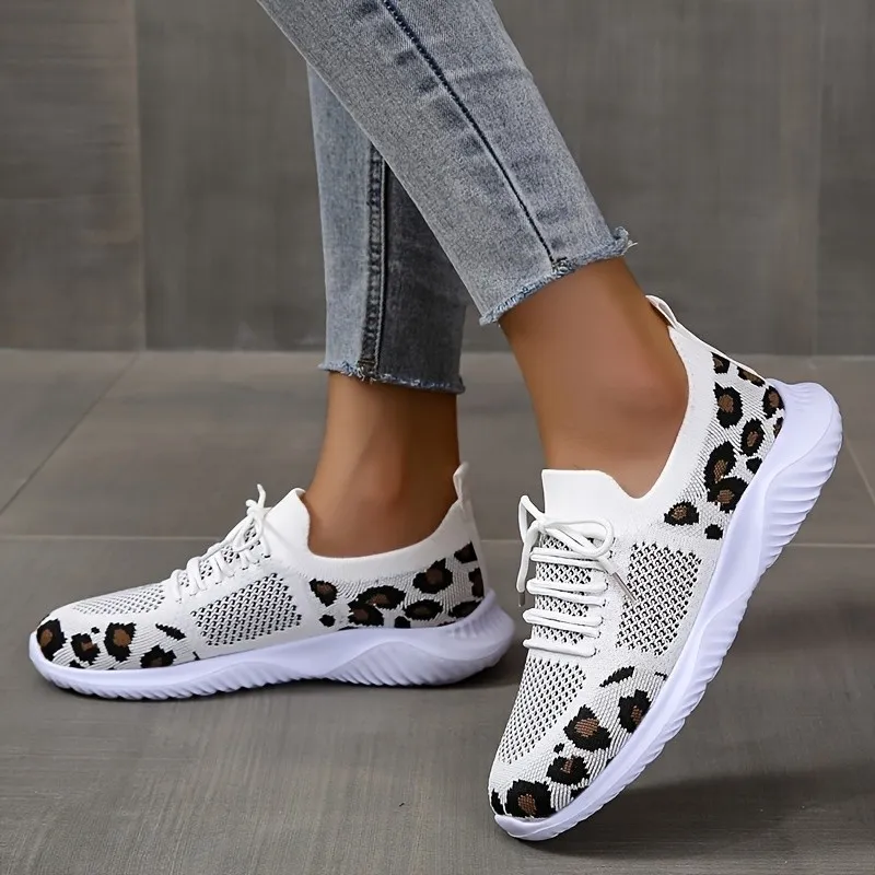 White Shoes Women Leopard Print Lace-up Sneakers Sports - Yellow