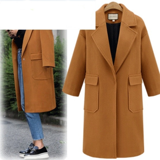 Long Casual Woolen Coat, Lapel Large Pocket Coat