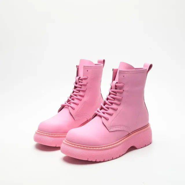 Thick soled Heightened All match Cowhide Women's Rose Red Ankle Boots Red - Shop at LoveMi