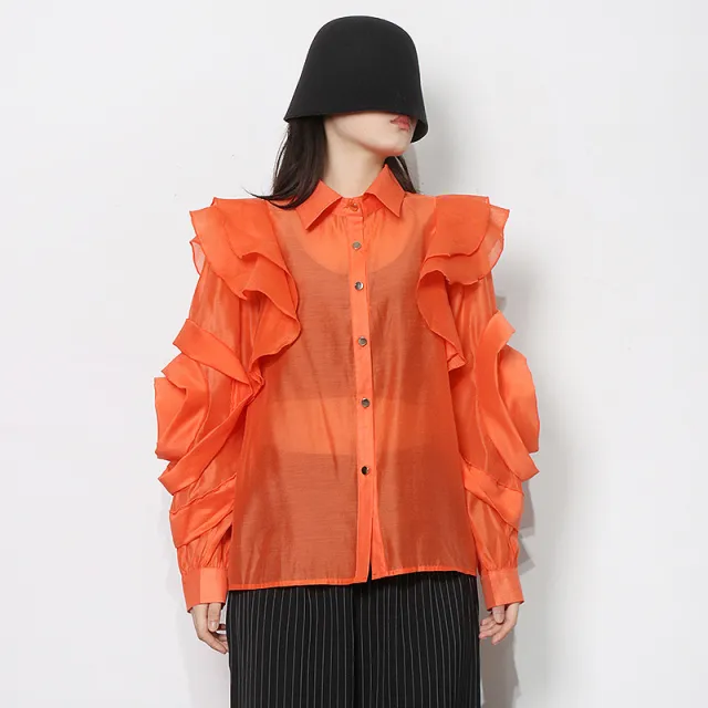 Temperament Organza Solid Color Shirt Lapel Ruffle Stitching Orange - Shop at LoveMi