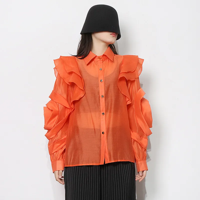 Temperament Organza Solid Color Shirt Lapel Ruffle Stitching - Orange