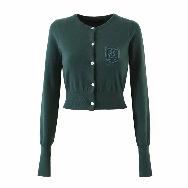 British Style Letter Embroidered Cropped Knitted Sweater Coat Dark Green - Shop at LoveMi