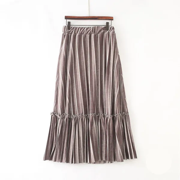 Elastic Gold Velvet Temperament A line Long Skirt Khaki - Shop at LoveMi