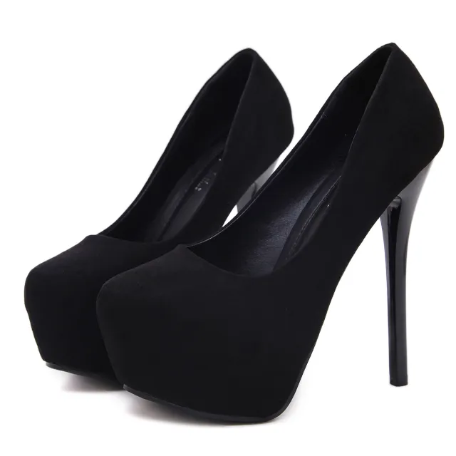 Suede High Heels Waterproof Platform Plain All match Stiletto Shoes Black - Shop at LoveMi