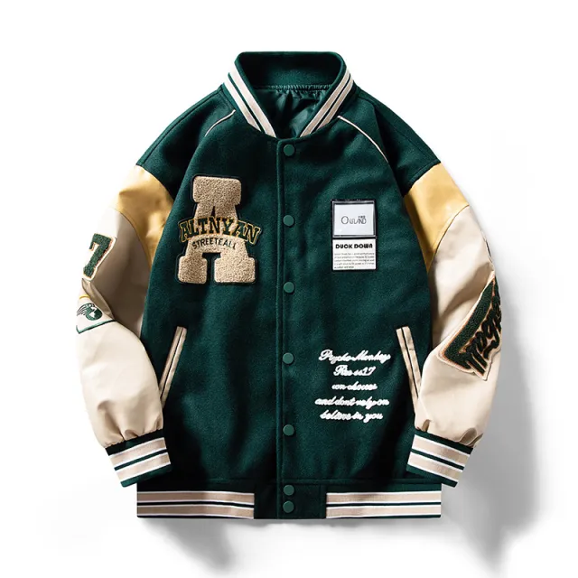 Women's Retro American Embroidery Color Blocking PU Leather Jacket Green - Shop at LoveMi