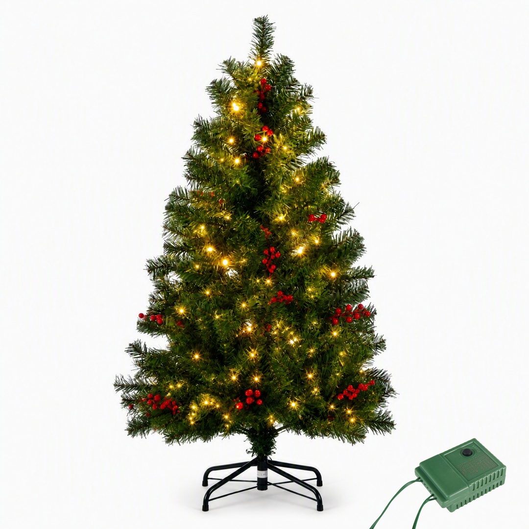 Pre-Lit Pre-Decorated Spruce Christmas Tree, Twinkling LEDs, Pinecones, Berries