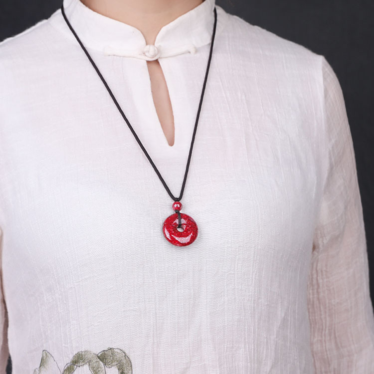 Title 3, Simple Cinnabar Charm Rough Stone Button Necklace