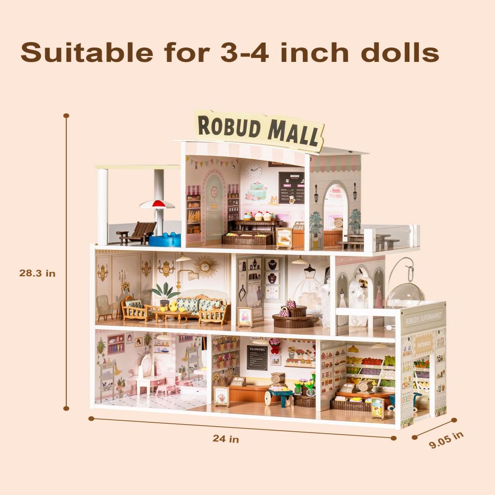 Wooden Dollhouse Shopping Mall - Lights, Music - Xmas Gift. Image 1, Image 2, Image 3, Image 4, Image 5, Image 6, Image 7.