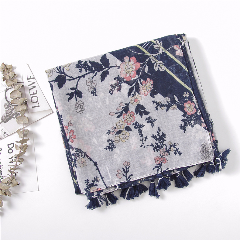 Vintage Vine Flower Print Handmade Fringed Silk Scarf