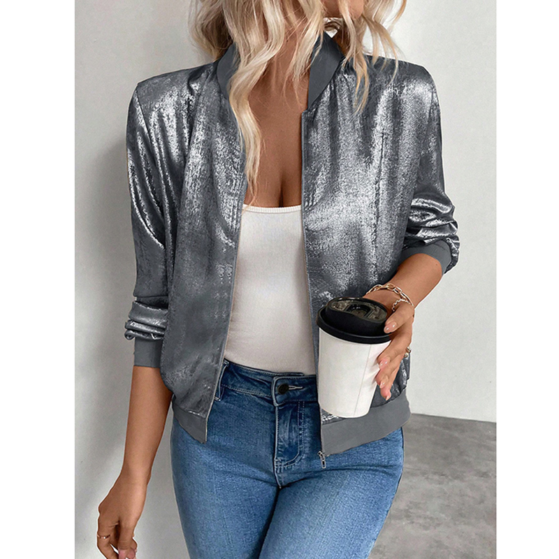 Women's Leopard Print Zip Up Lightweight Bomber Jacket Casual Long Sleeve Outerwear Dark Silver - Shop at LoveMi