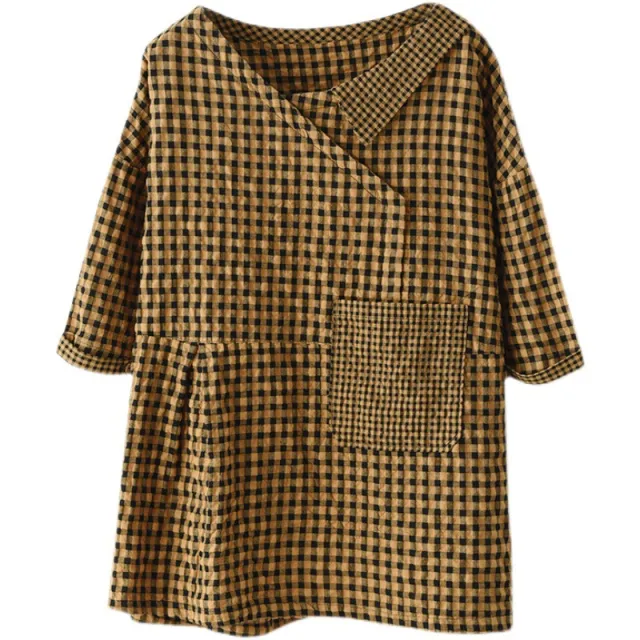Loose Patchwork Cotton Plaid V neck Short sleeved T shirt Women's Pullover Yellow - Shop at LoveMi