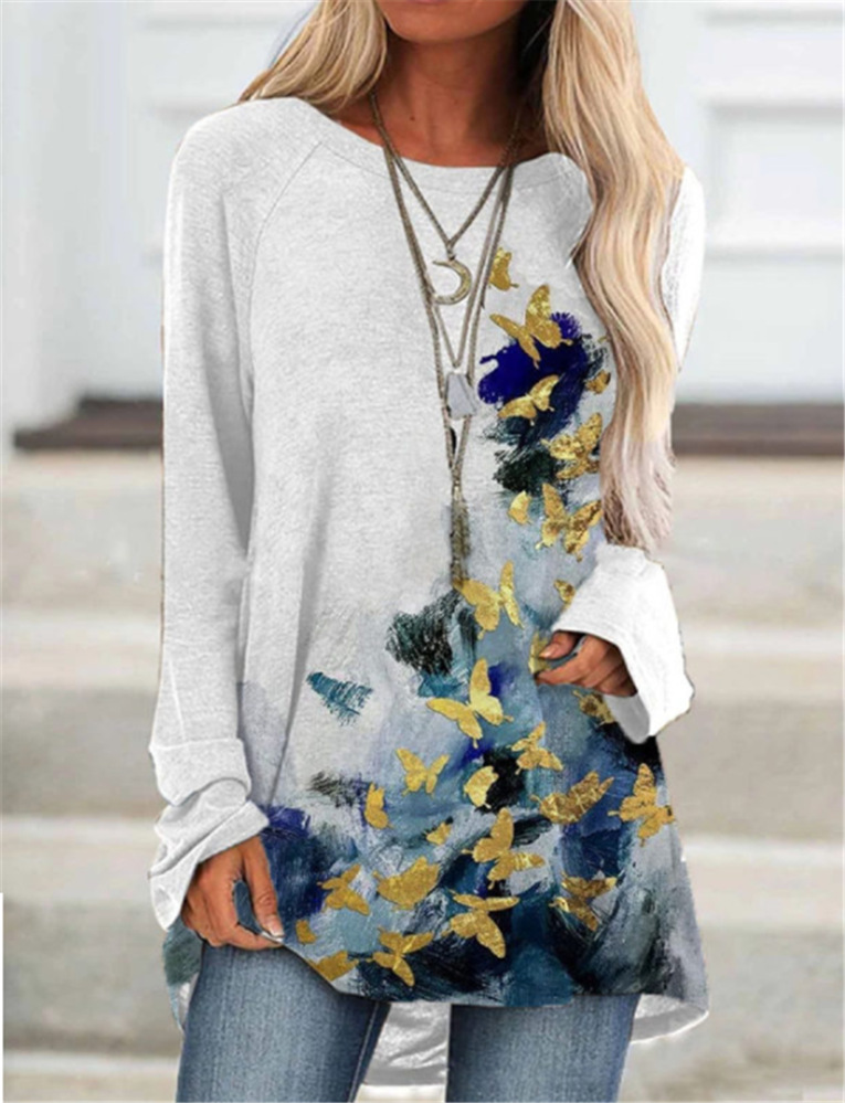 Fashion Loose Round Neck Print Long Sleeve Top