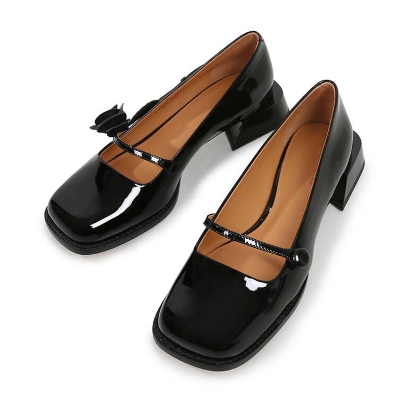 Women's Low Heel Square Toe Vintage Patent Leather Shoes