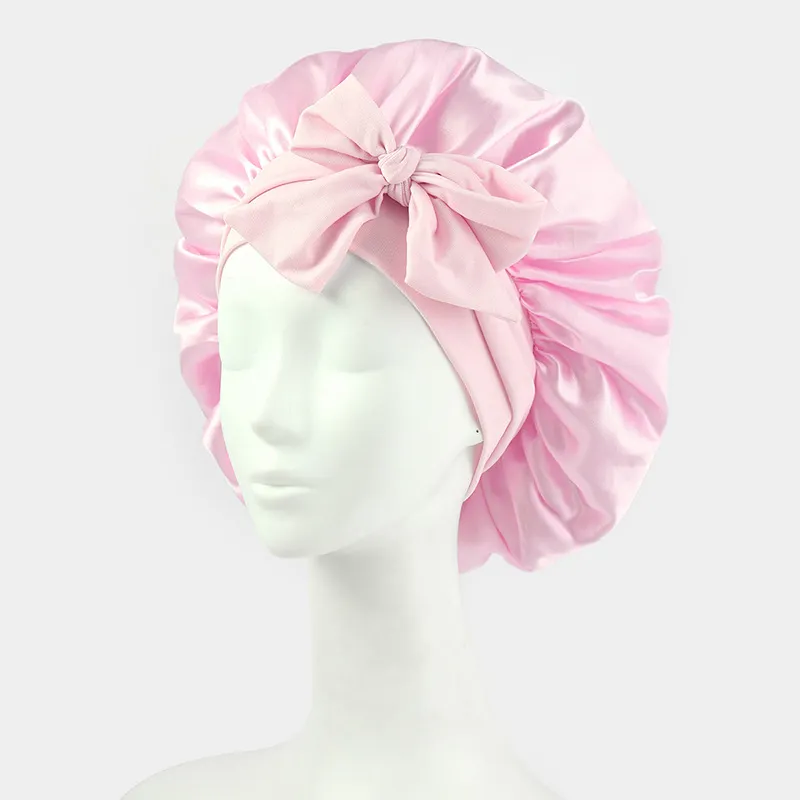 Silk Bonnet For Sleeping Women Satin Bonnet Double Layer Satin Lined Hair Bonnet With Tie Band Curly Hair - Pink