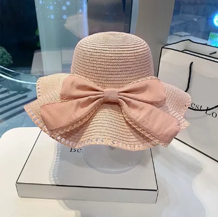 Bow Ruffles Big Brim Straw Hat Pink - Shop at LoveMi