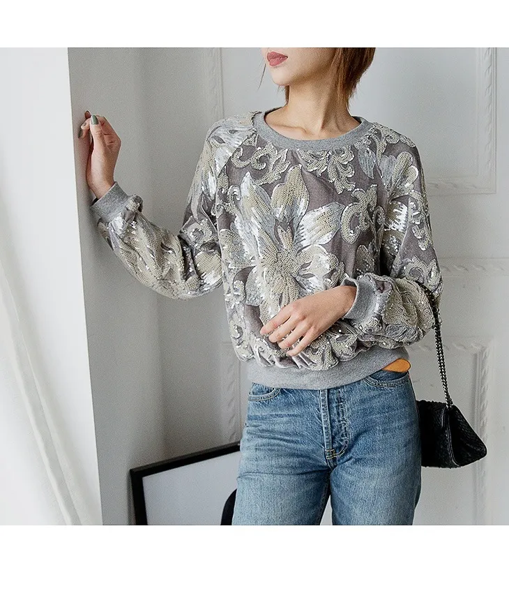 Embroidered Sequined Golden Velvet Fairy Coat - Grey