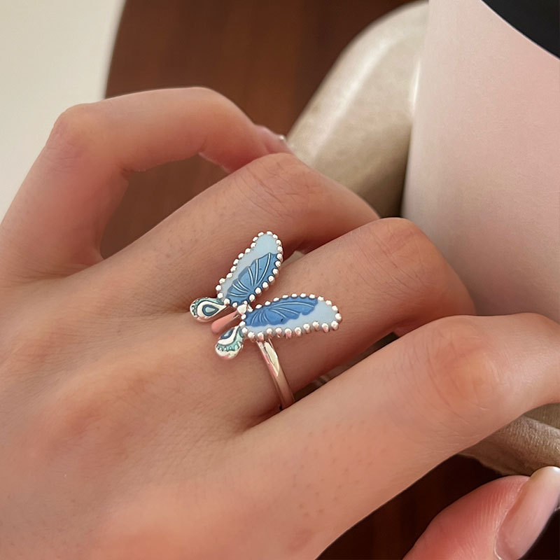 925 Sterling Silver Ring Blue Butterfly Push Pull Design