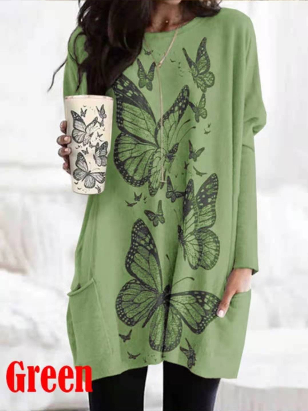 Title 4, Pure Color Butterfly Print Round Neck Dress