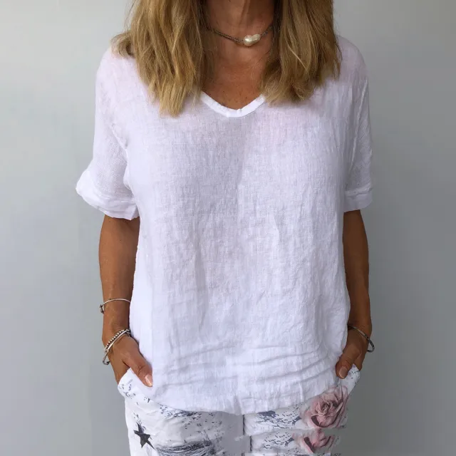European And American Short sleeved Cotton And Linen Loose Solid Color Casual Top White - Shop at LoveMi