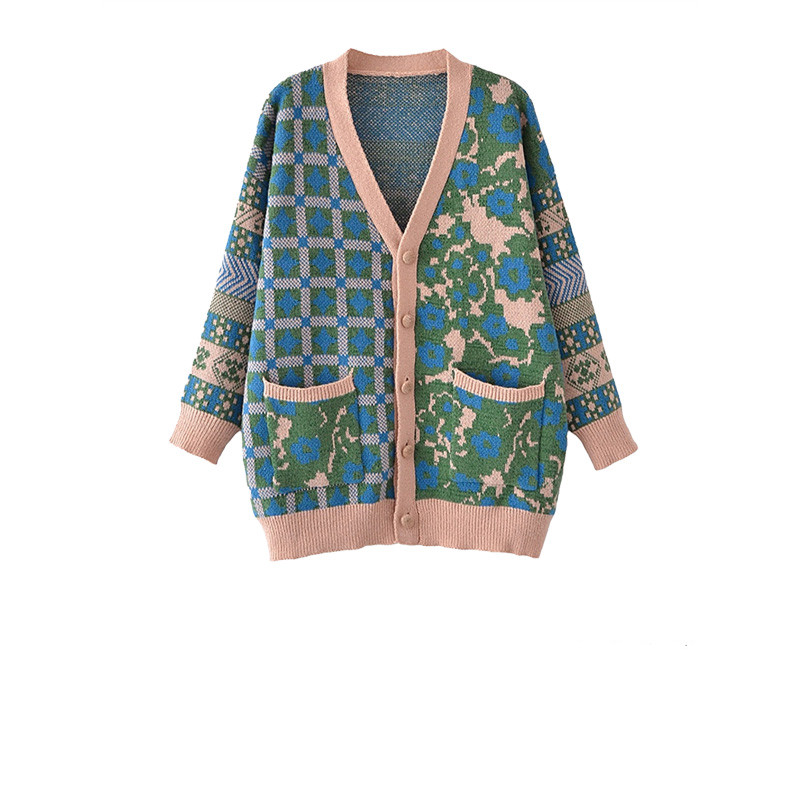 Women's Single-breasted Long-sleeved Commuter Loose Jacquard Knitted Wool Sweater