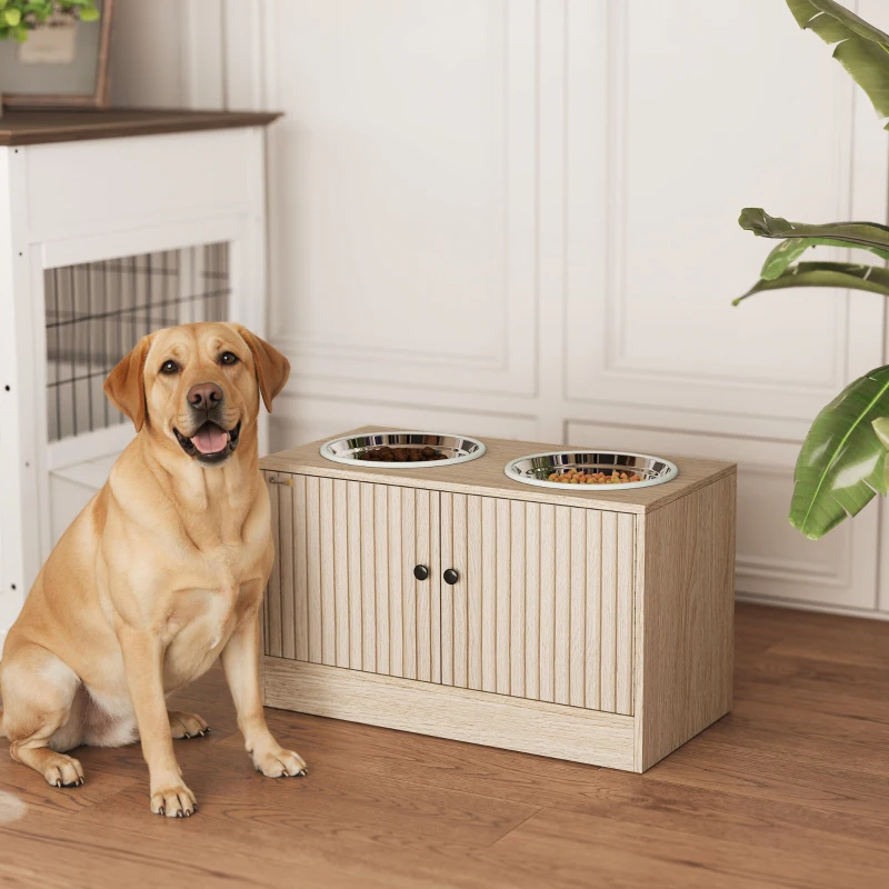 Elevated Dog Bowl, Large Feeding Dog Bowl Stand With 2 Stainless Steel Bowls, Storage Drawer, And Slow Feeder Mat.